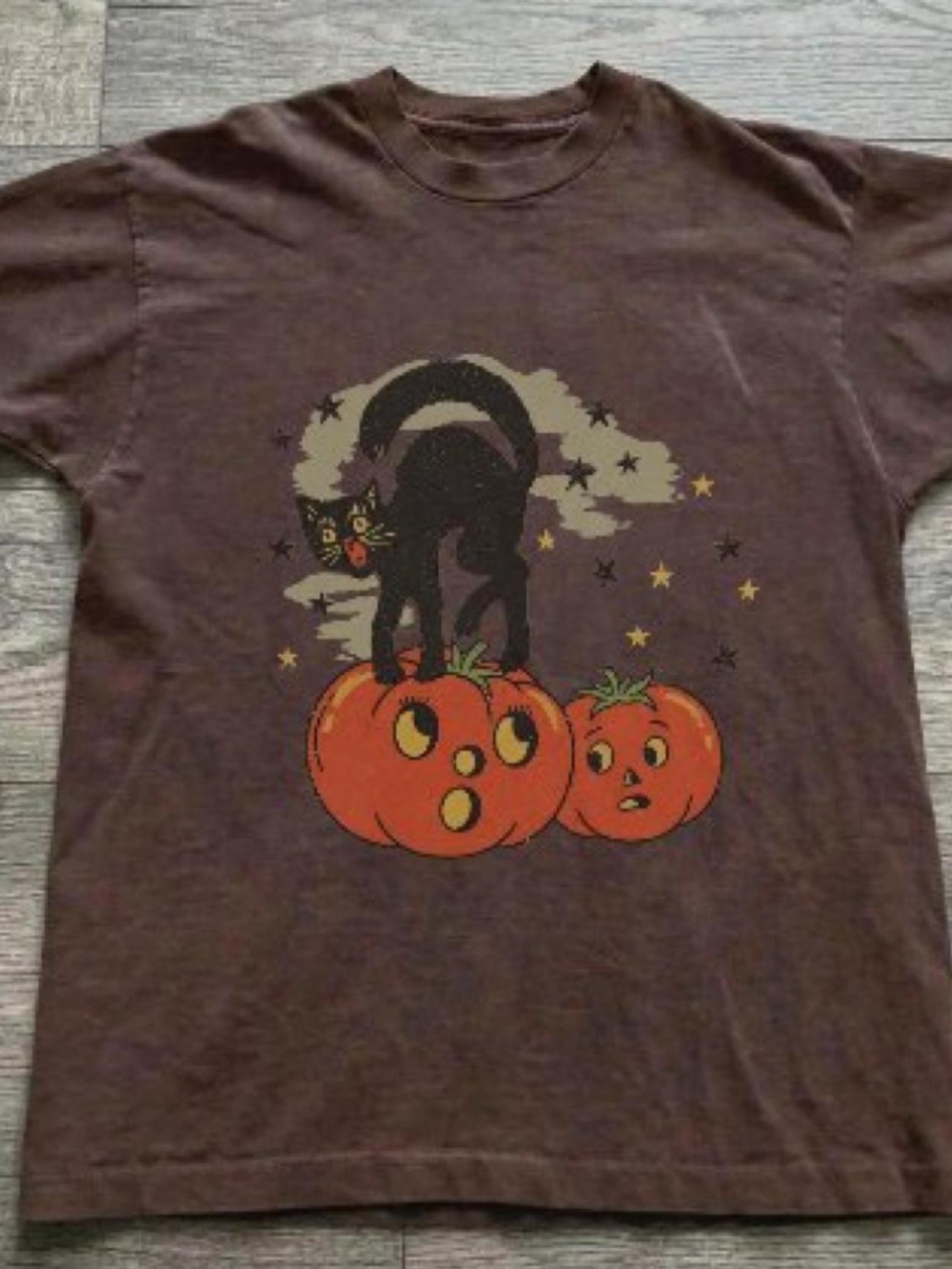 Gildan Dark Chocolate Tee with Black Cat & Orange Pumpkins Graphic